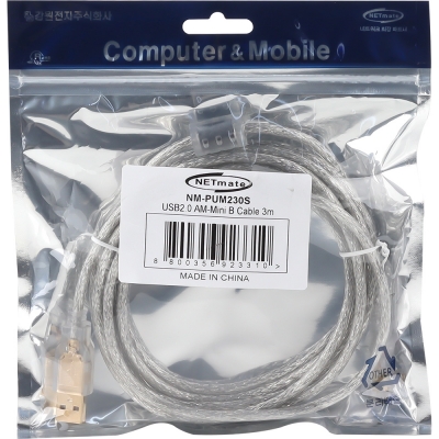 강원전자 넷메이트 프리미엄 USB2.0 AM-Mini 5핀 투명 케이블 3m NM-PUM230S